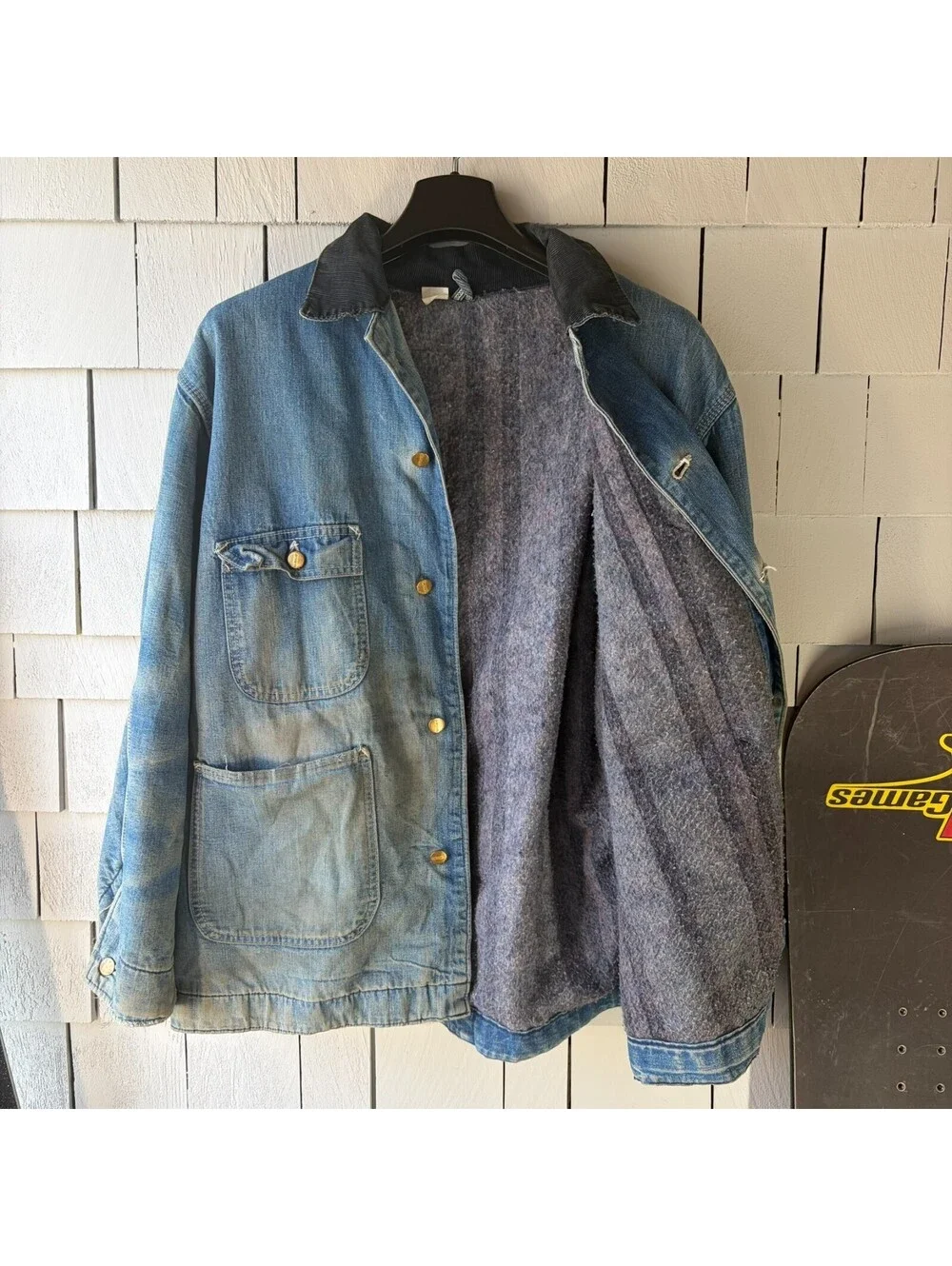 VTG 80s Carhartt Denim Chore Jacket 46 Blanket Lined Sun Faded Corduroy Collar